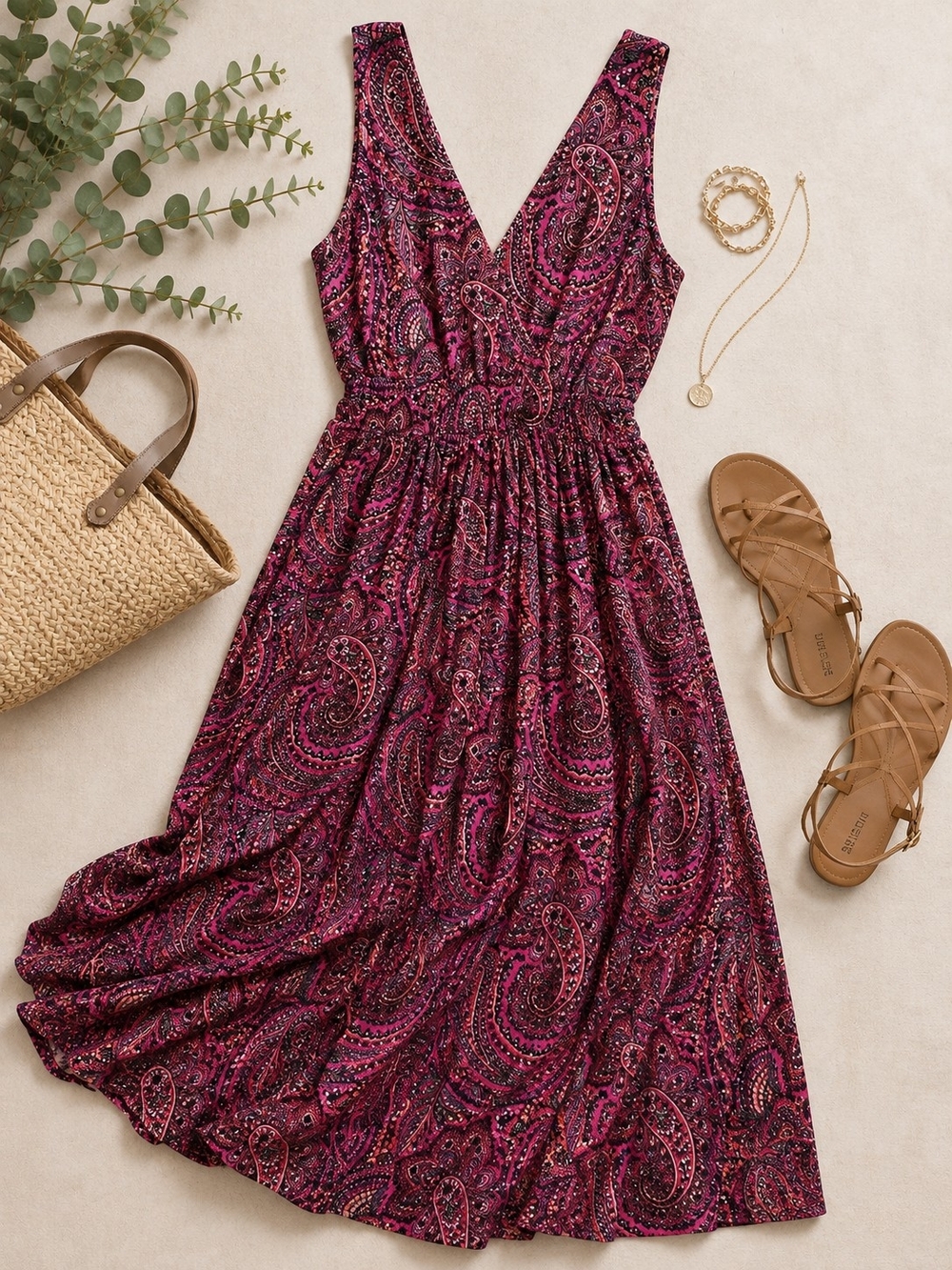 Boden Burgundy Paisley V-Neck Sleeveless Maxi Dress - Picture 2 of 7